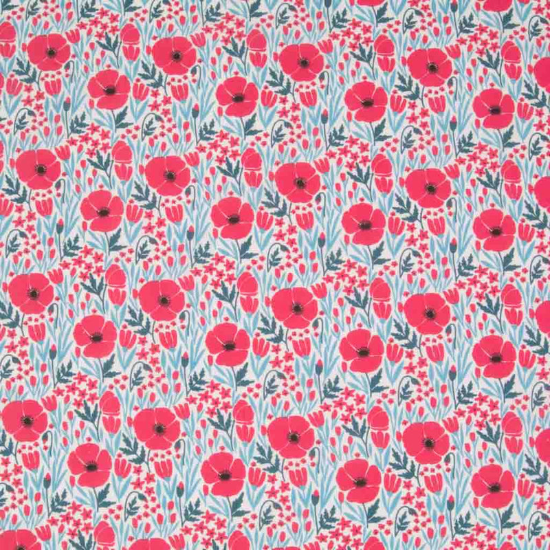 Small red poppy flowers with teal foliage are printed on a white polycotton fabric