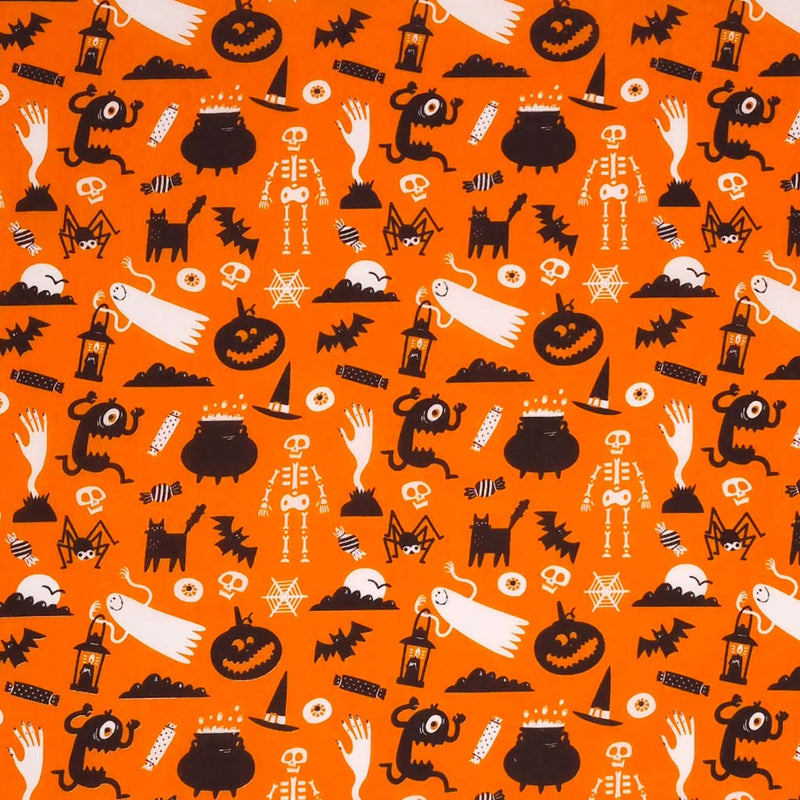 Halloween fabric printed with ghosts and ghouls on orange polycotton