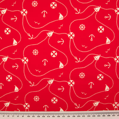 Away We Sail on Red - Polycotton Fabric