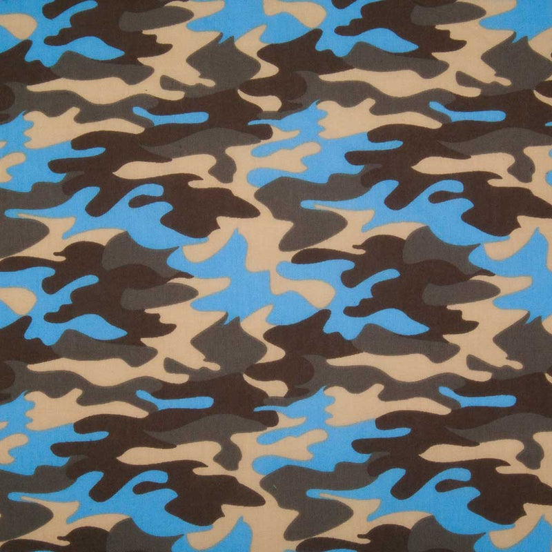 A camouflage design in beige, brown and blue on a polycotton fabric
