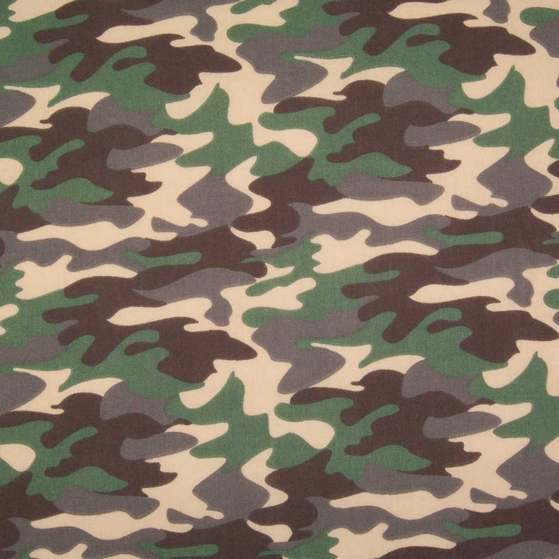 A camouflage design in beige, brown and khaki on a polycotton fabric