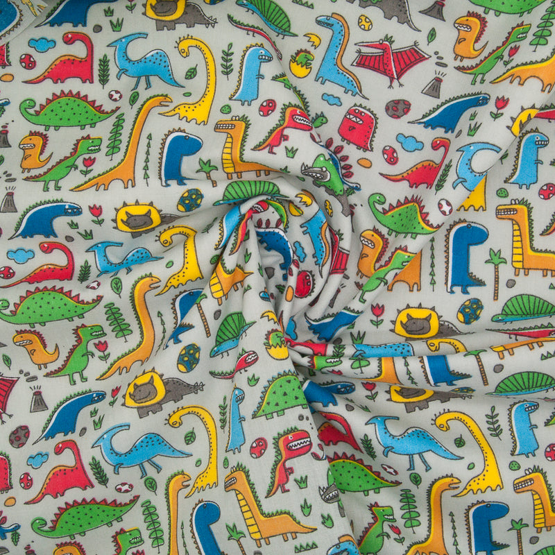 Land of the Dinosaur on Silver - Polycotton Fabric