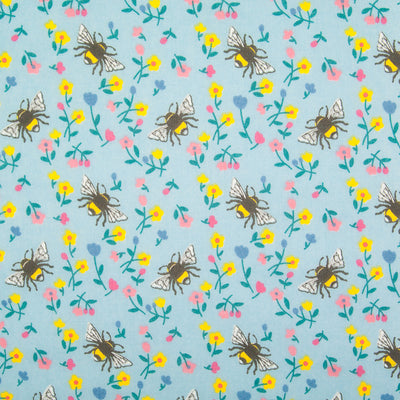 Bee & Flower on Blue - Polycotton Fabric