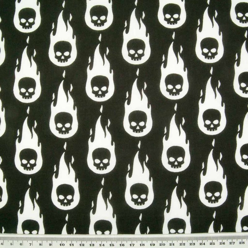 White Fireball Skull on Black - Polycotton Fabric