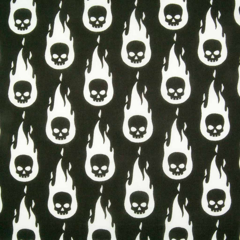 White Fireball Skull on Black - Polycotton Fabric