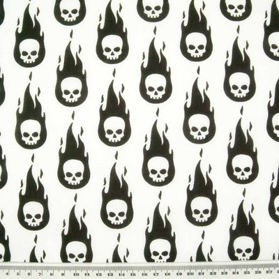 Black Fireball Skull on White - Polycotton Fabric
