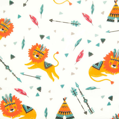 Orange sleeping lions, green feathers and stripy teepees printed on a white polycotton fabric