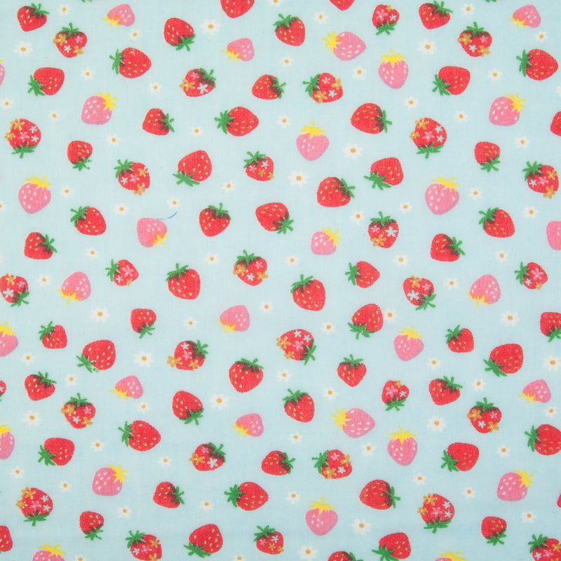 Scattered Mini Strawberries on Sky Blue - Polycotton Fabric