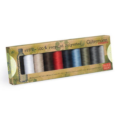 A box containing 10 recycled threads in dark and neutral colours by Gutermann
