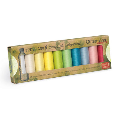 A box containing 10 recycled threads in pastel colours by Gutermann