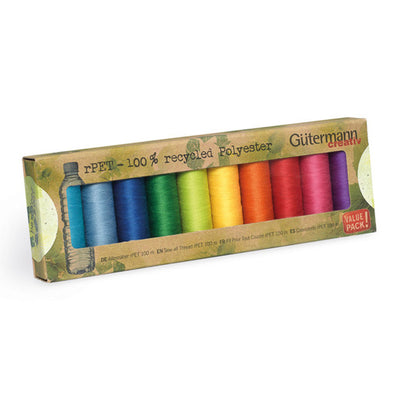 A box containing 10 recycled threads in bright colours by Gutermann