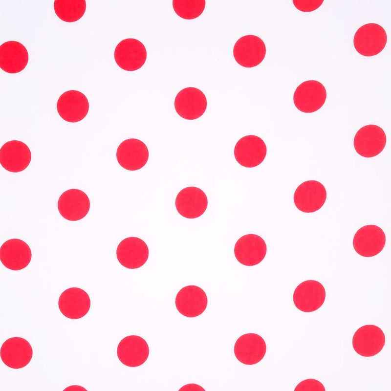 A 25mm cherry red spot printed on white polycotton fabric