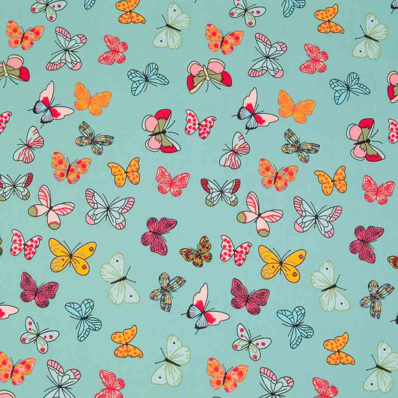 Pink and orange butterflies printed on a dark mint cotton poplin fabric by Rose & Hubble