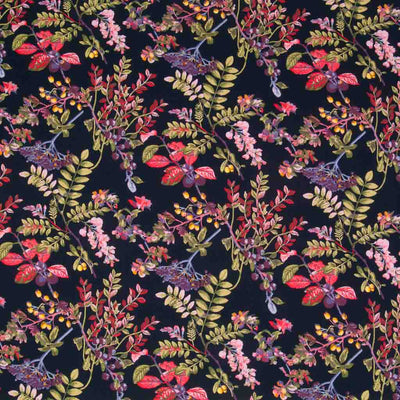 A large floral design featuring wild elderberries on a navy, 100% cotton poplin fabric by Rose & Hubble