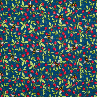 Small red strawberries and yellow bees are printed on a navy cotton poplin fabric by Rose & Hubble