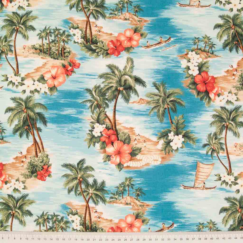 Hawaiian island style cotton fabric print by Rose & Hubble with a cm ruler at the bottom