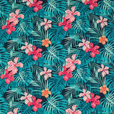 Sunning aqua coloured palm leaves and pink lilies printed on a navy cotton poplin fabric by Rose & Hubble