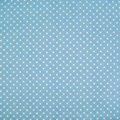 Small white spots are printed on a pale blue cotton poplin by Rose & Hubble