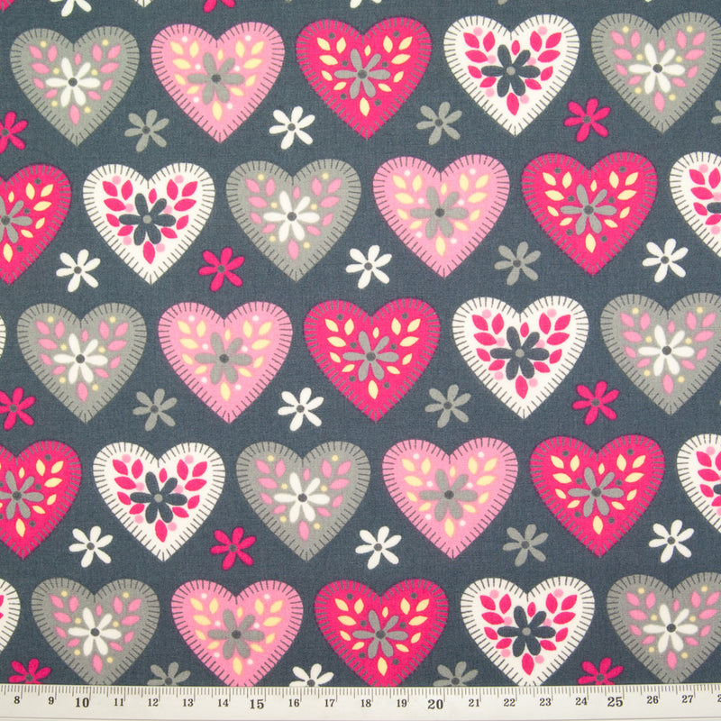Hearts & Daisies by Rose & Hubble - 100% Cotton Poplin - Grey
