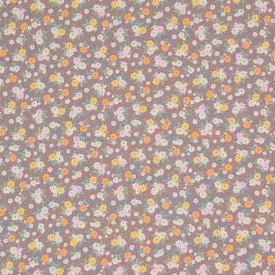 Tiny bunches of pink, orange and white flowers on a taupe Rose and Hubble cotton poplin fabric