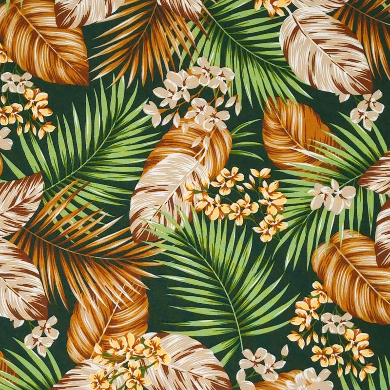A Rose & Hubble floral design with tropical palm leaves on a forest green, 100% cotton poplin fabric