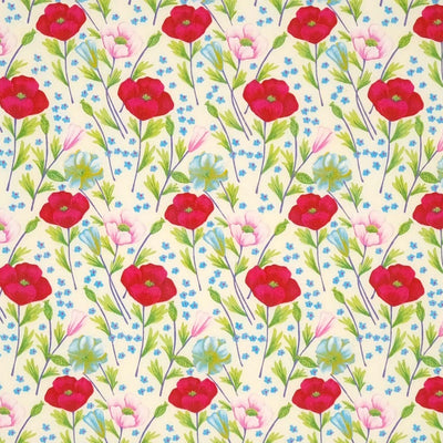 Pretty deep cerise poppies and sky blue crocus are printed on a cream cotton poplin fabric by Rose & Hubble