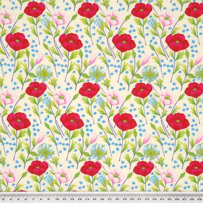 Pretty deep cerise poppies and sky blue crocus are printed on a cream cotton poplin fabric by Rose & Hubble with a cm ruler