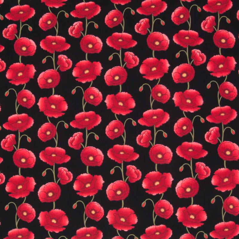 Columns of pretty red poppies are printed on a black cotton poplin fabric
