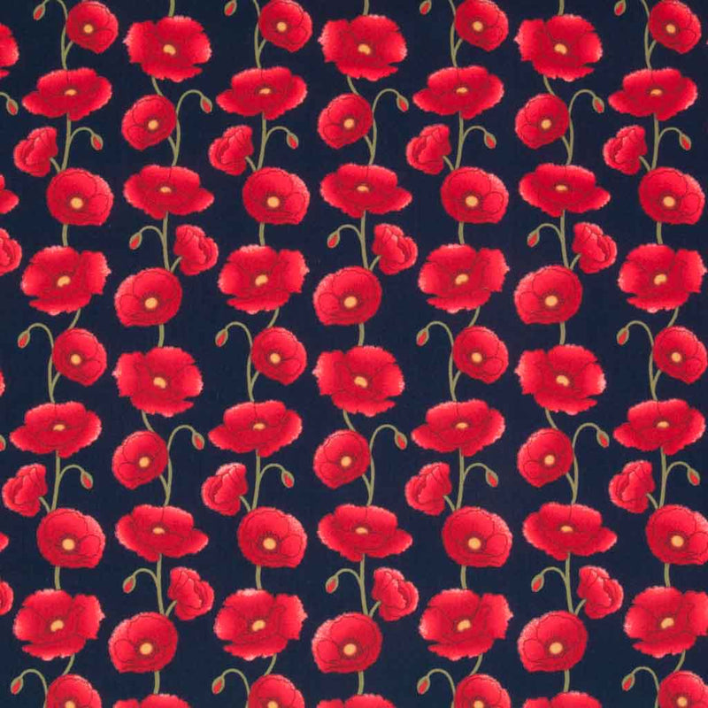 Columns of pretty red poppies are printed on a navy cotton poplin fabric
