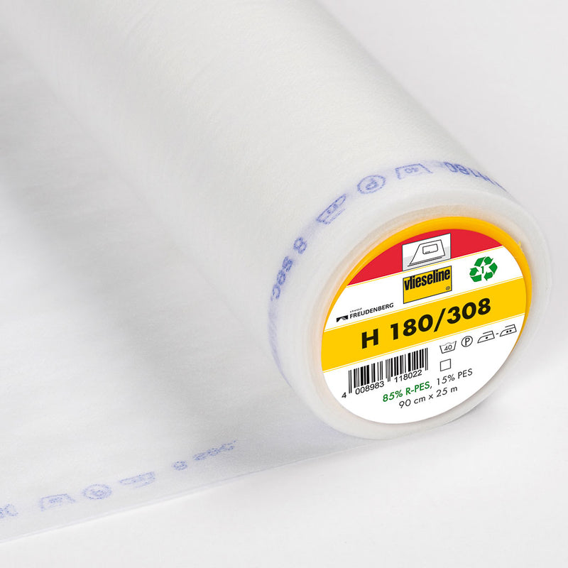 A roll of H180 light fusible interfacing showing the bolt end with full specification