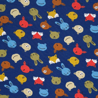 Animal faces are printed on a blue soft sweat cotton jersey fabric