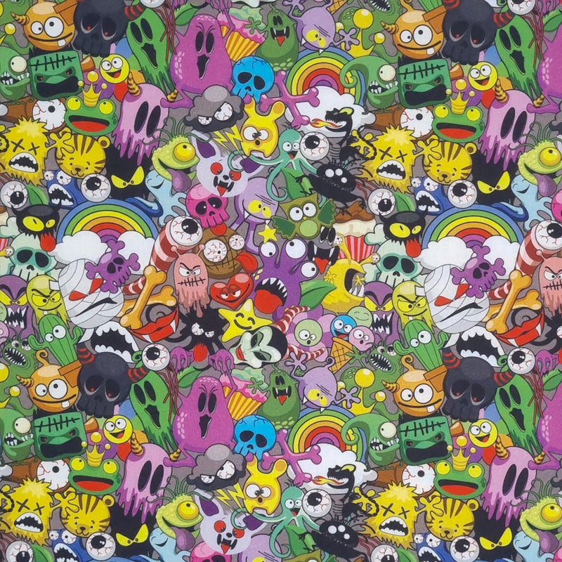 A colourful mash up of monsters printed on a 100% cotton fabric by Little Johnny