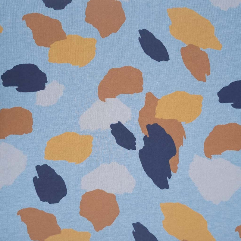 A smoke blue sweat jersey fabric printed with a large camouflage design