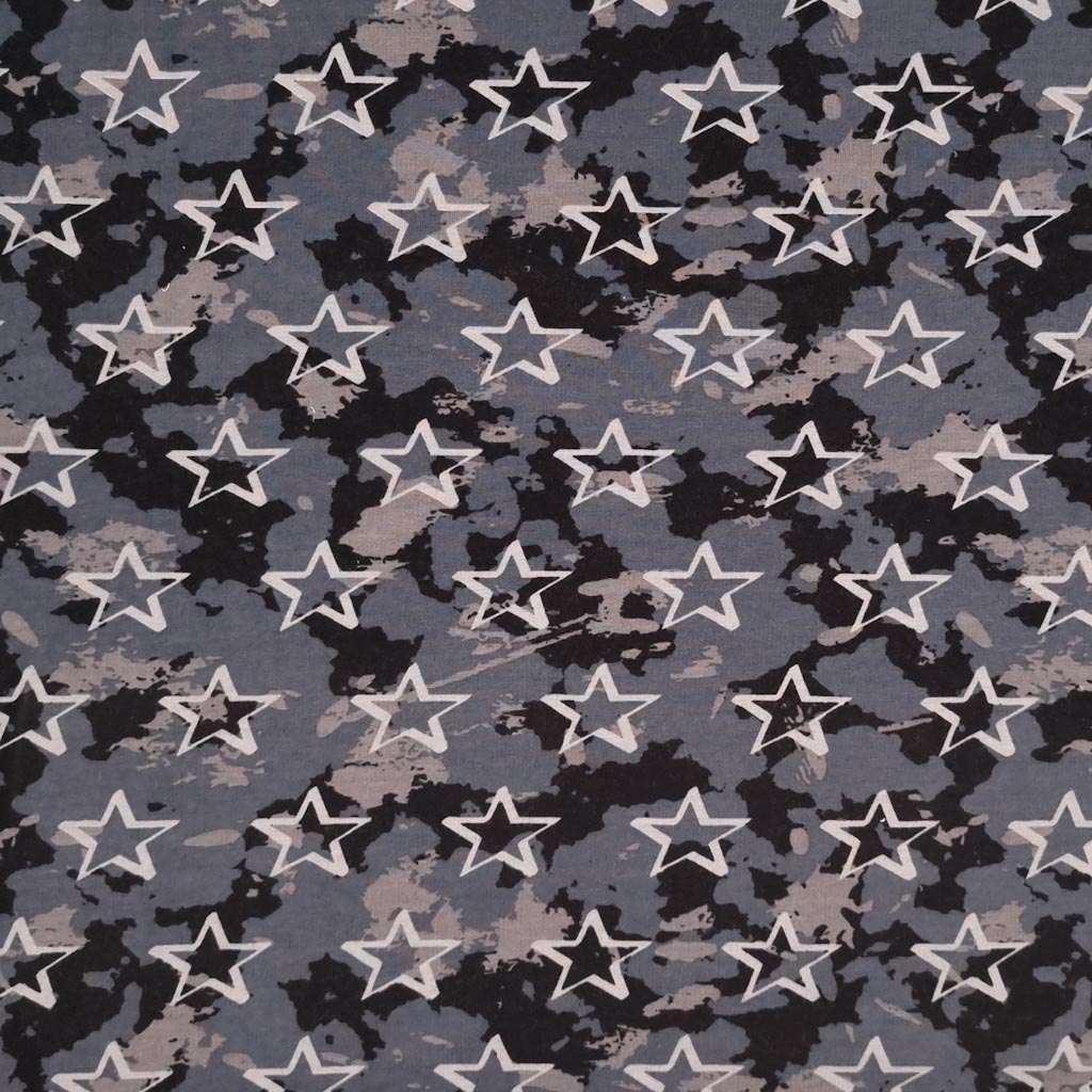 Stars are printed on an urban camo soft sweat jersey fabric in black and grey colourway