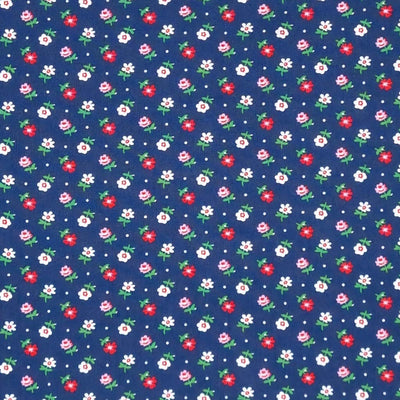 Tiny flowers in reds and pinks printed on a navy, lightweight cotton poplin fabric