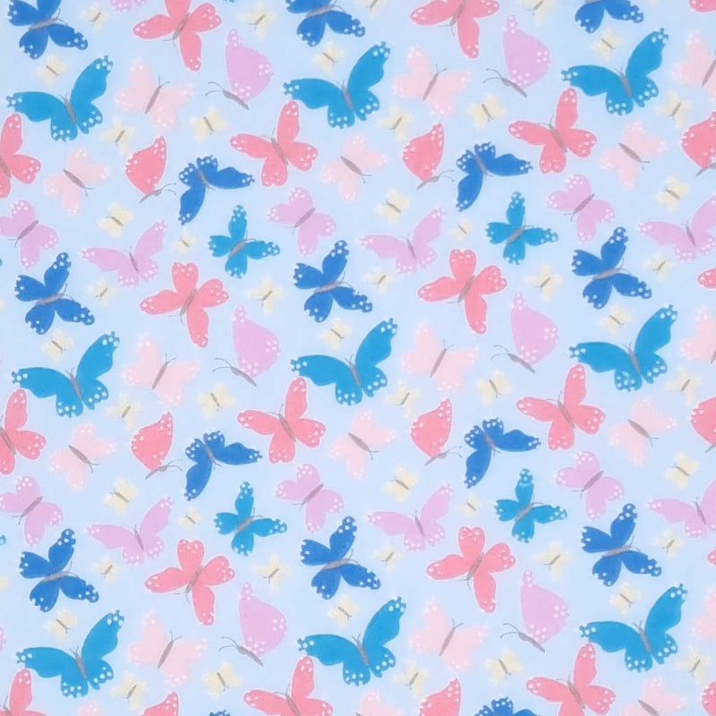 Pink and blue butterflies printed on a quality sky blue polycotton fabric
