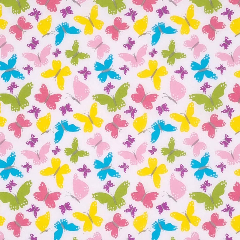 Small pink, blue, yellow and green butterflies in a tight pattern printed on a white polycotton fabric