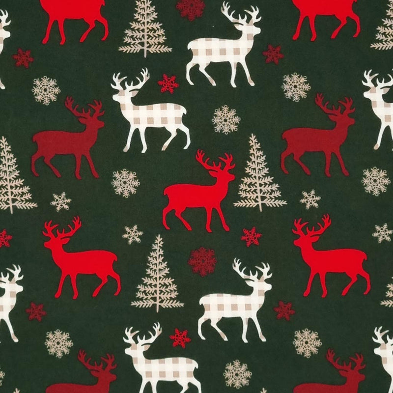 Red and cream check reindeer are printed on a green christmas cotton fabric