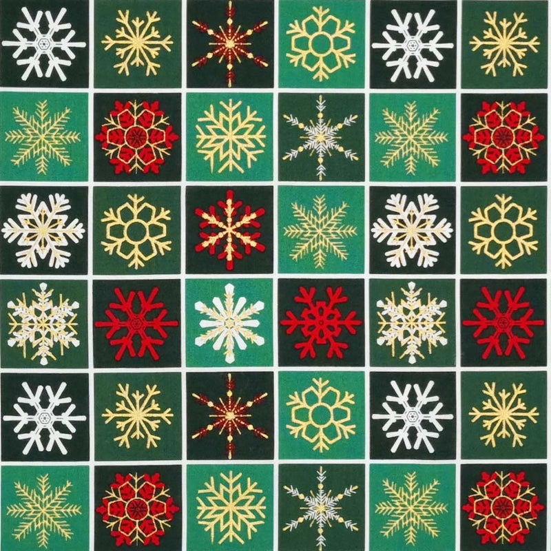 Printed gold, red and white metallic snowflakes are printed on this bottle green checkboard style 100% cotton fabric.