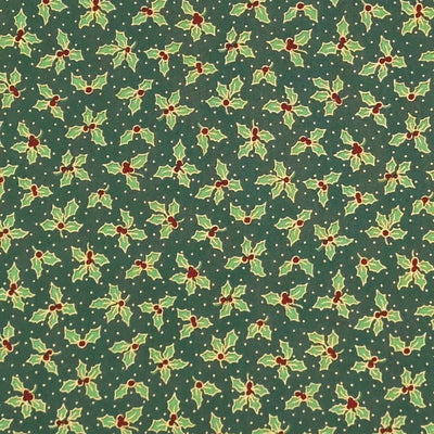 Small holly leaves with red berries are printed on a 100% cotton fabric