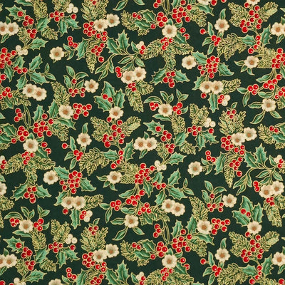 Printed holly berries, white flowers and pine branches are printed on this bottle green 100% cotton fabric