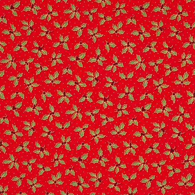 Small holly leaves with red berries are printed on a red 100% cotton fabric