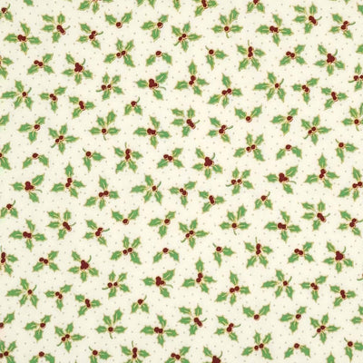 Small holly leaves with red berries are printed on an ivory 100% cotton fabric