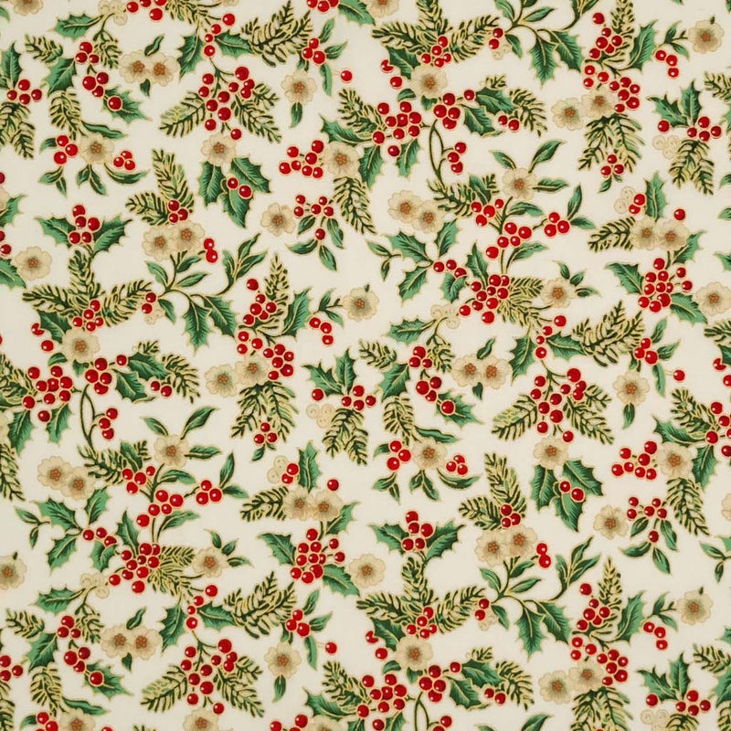 Printed holly berries, white flowers and pine branches are printed on this white 100% cotton fabric.