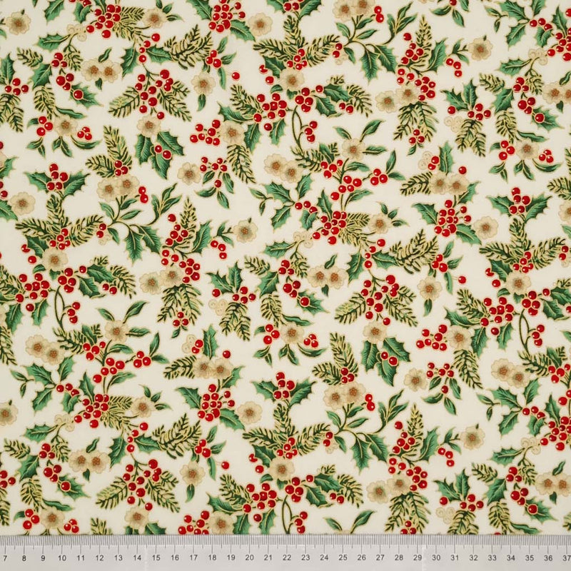 Printed holly berries, white flowers and pine branches are printed on this white 100% cotton fabric with a cm ruler at the bottom