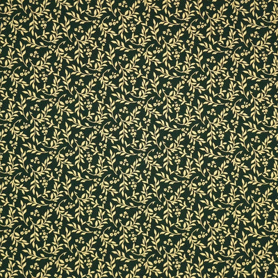 Printed gold metallic wreath leaves and flowers are printed on this green 100% cotton fabric