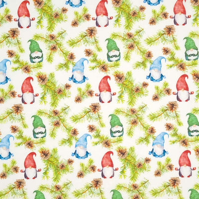 A beautiful print of festive gonks, pine leaves and cones on a quality white 100% cotton fabric.