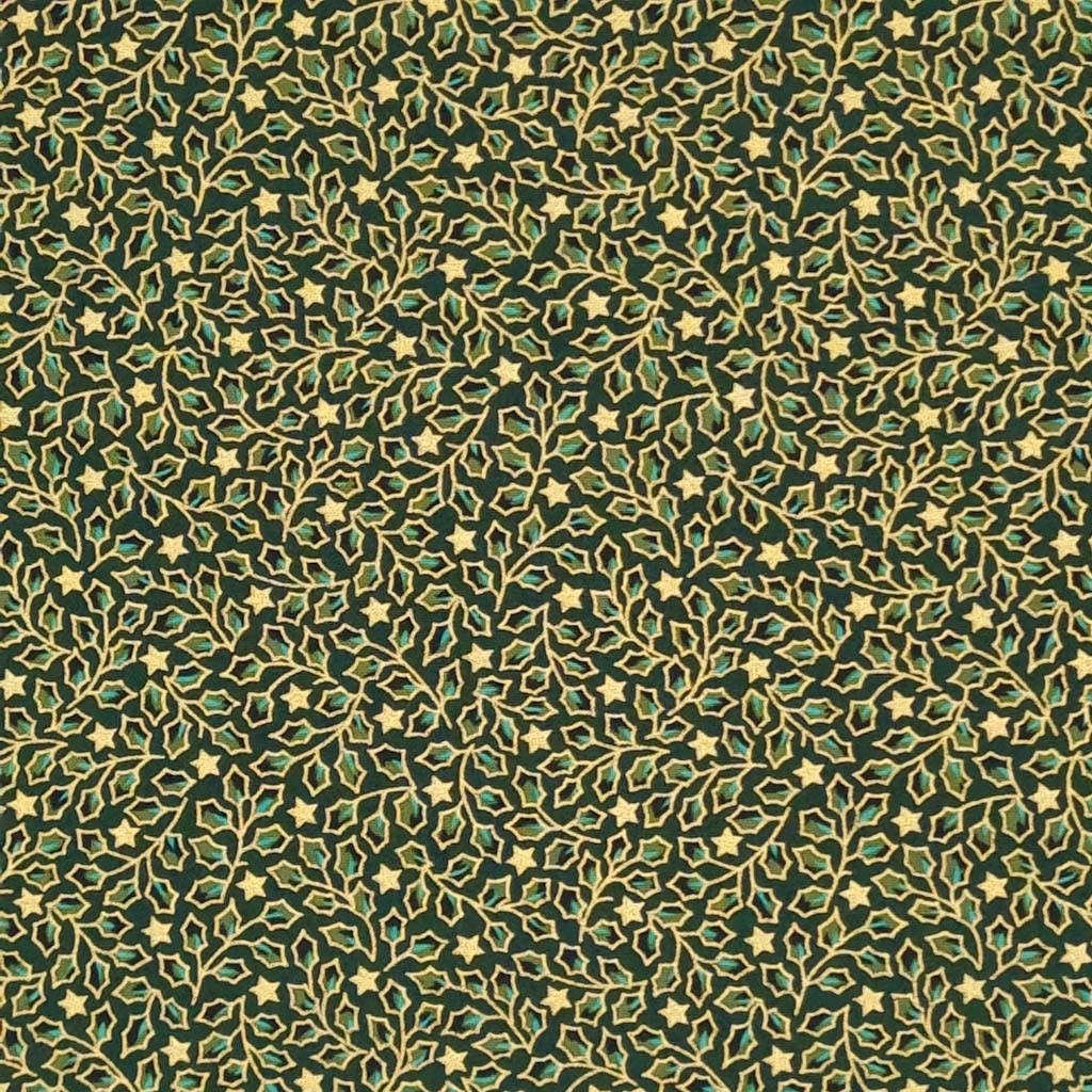Mini holly leaves and stars in gold lacquer printed on a green christmas cotton fabric