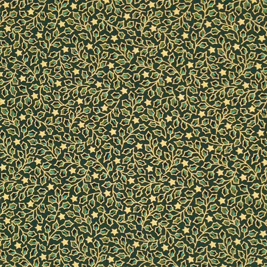 Mini holly leaves and stars in gold lacquer printed on a green christmas cotton fabric