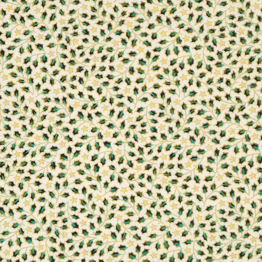 Mini holly leaves and stars in gold lacquer printed on an ivory christmas cotton fabric